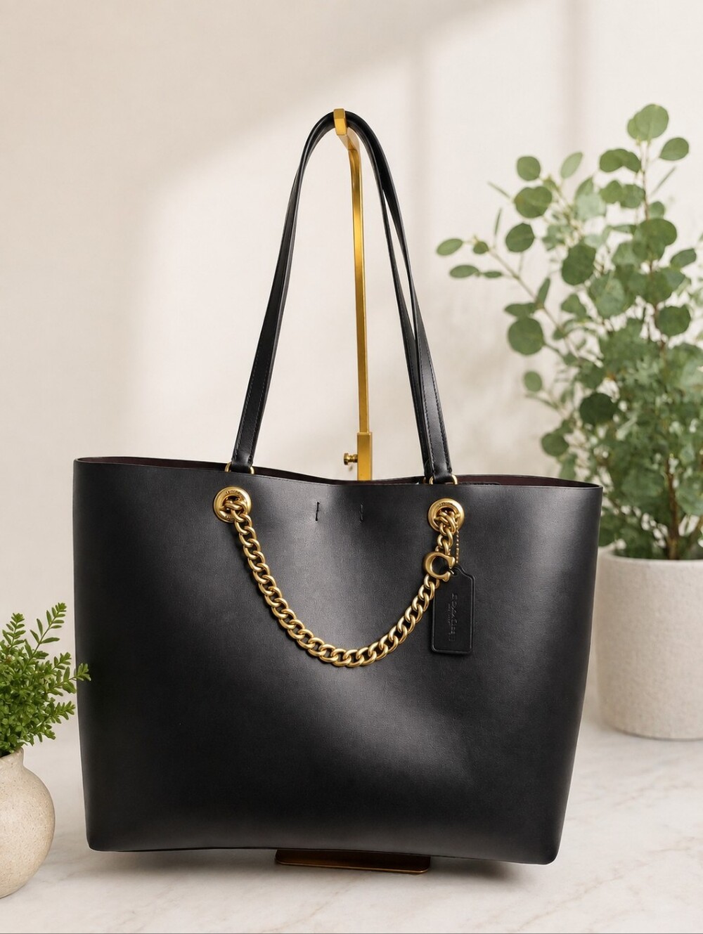 Coach Signature Chain Central Tote Black Leather Gold Chain